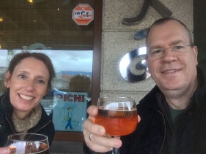 Cheers beer with free Tapas for less than 2 euros each - We mights as well have another !